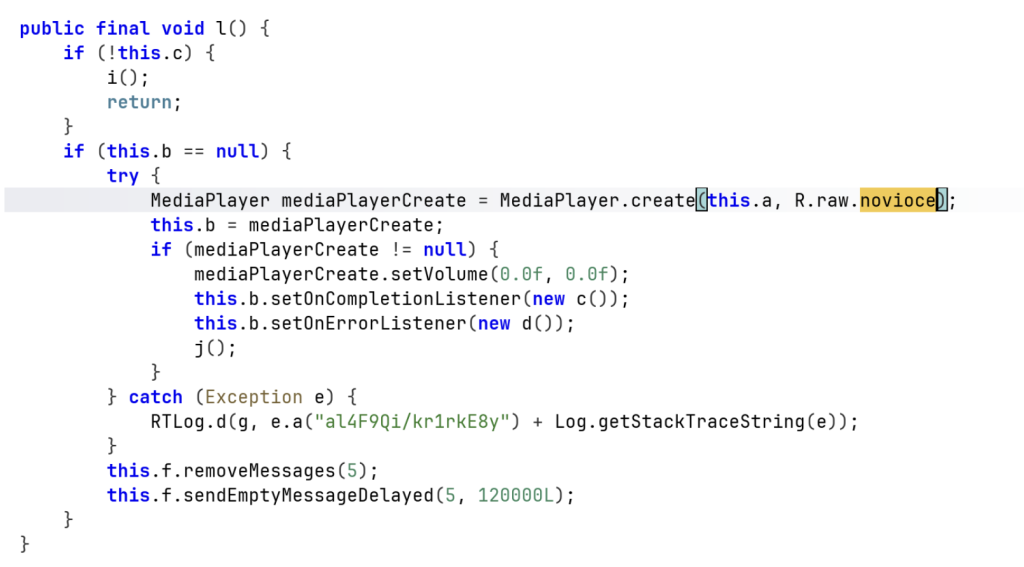 Figure 7: MediaPlayer initialized to load the embedded no voice audio 
